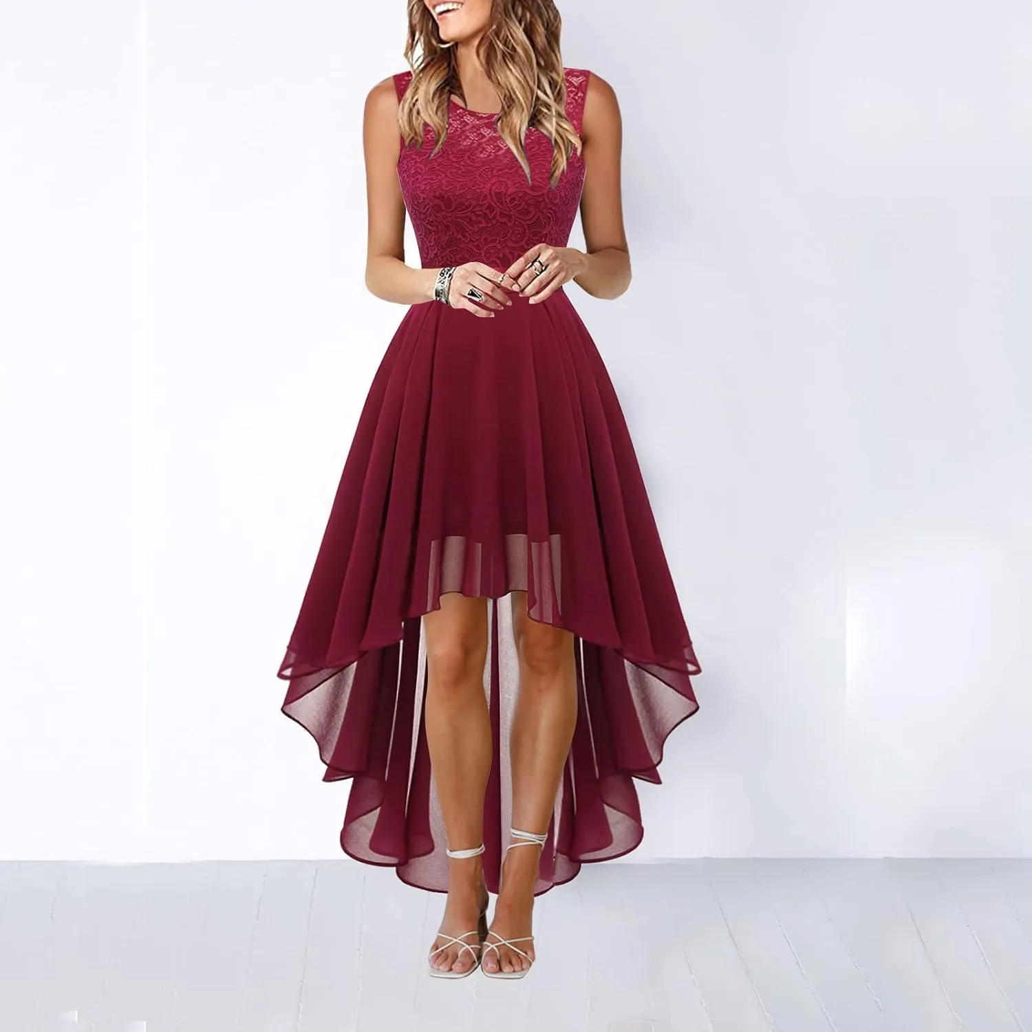 Womens Lace Crewneck High Low Evening Dresses Sleeveless High Waisted A Line Flare Hem Ruffle Chiffon Dress