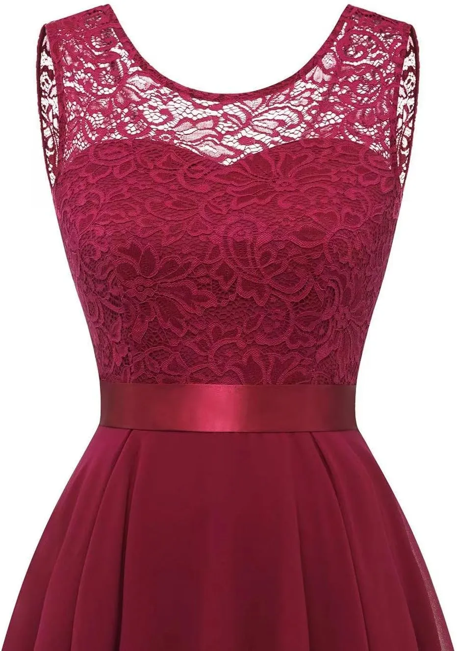 Womens Lace Crewneck High Low Evening Dresses Sleeveless High Waisted A Line Flare Hem Ruffle Chiffon Dress