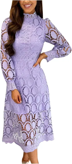 Womens Lace Crochet Vintage Maxi Dres Hollow Lantern Sleeve High Neck Wedding Guest Dress Elegant Empire Waist Dress