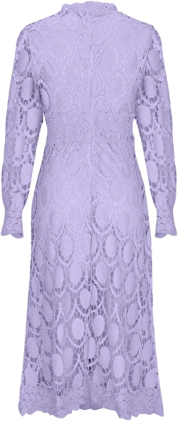 Womens Lace Crochet Vintage Maxi Dres Hollow Lantern Sleeve High Neck Wedding Guest Dress Elegant Empire Waist Dress