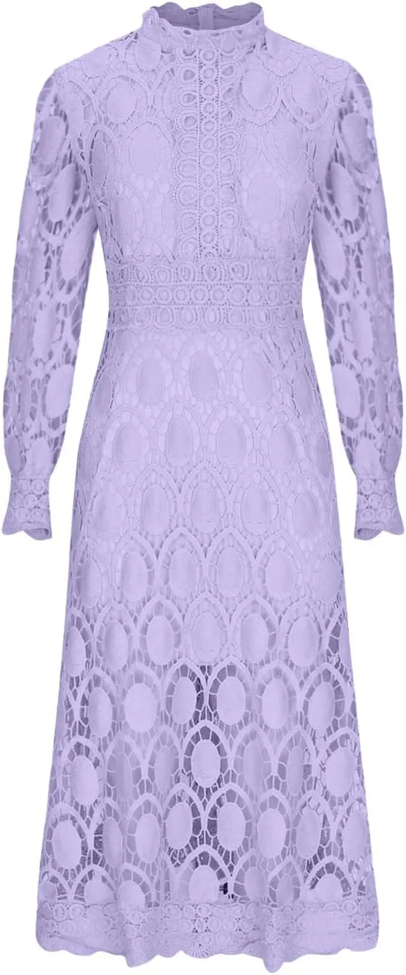 Womens Lace Crochet Vintage Maxi Dres Hollow Lantern Sleeve High Neck Wedding Guest Dress Elegant Empire Waist Dress