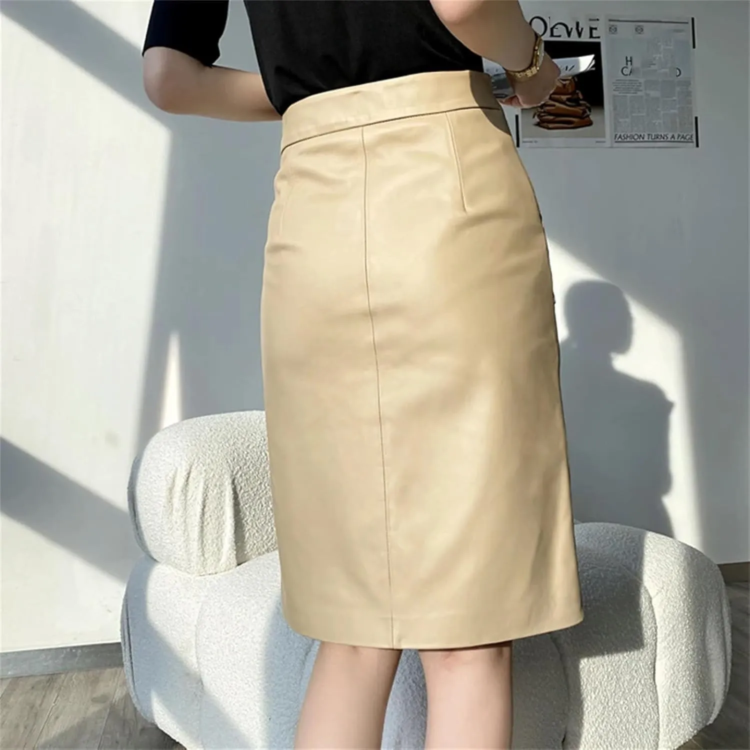Womens Lambskin Midi Skirt Vertical Split Front Commuting Office Leather High Waist Wrap Spring Black