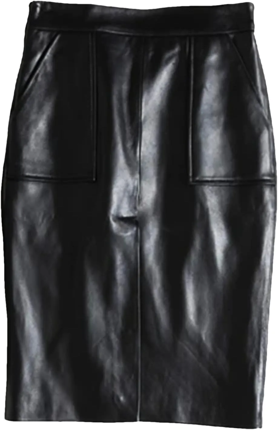 Womens Lambskin Midi Skirt Vertical Split Front Commuting Office Leather High Waist Wrap Spring Black