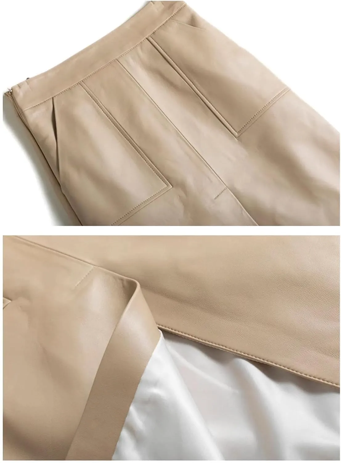 Womens Lambskin Midi Skirt Vertical Split Front Commuting Office Leather High Waist Wrap Spring Black