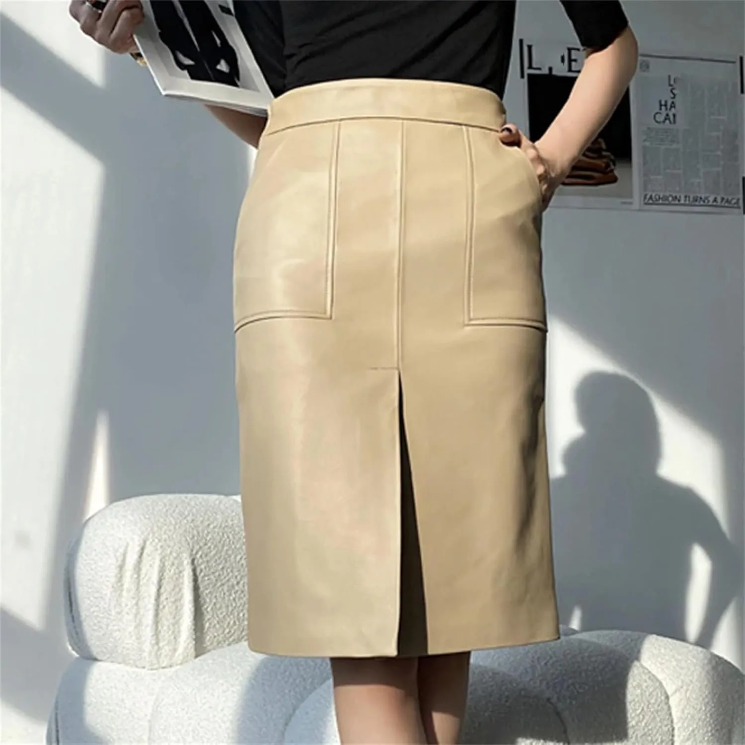 Womens Lambskin Midi Skirt Vertical Split Front Commuting Office Leather High Waist Wrap Spring Black