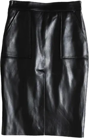 Womens Lambskin Midi Skirt Vertical Split Front Commuting Office Leather High Waist Wrap Spring Black