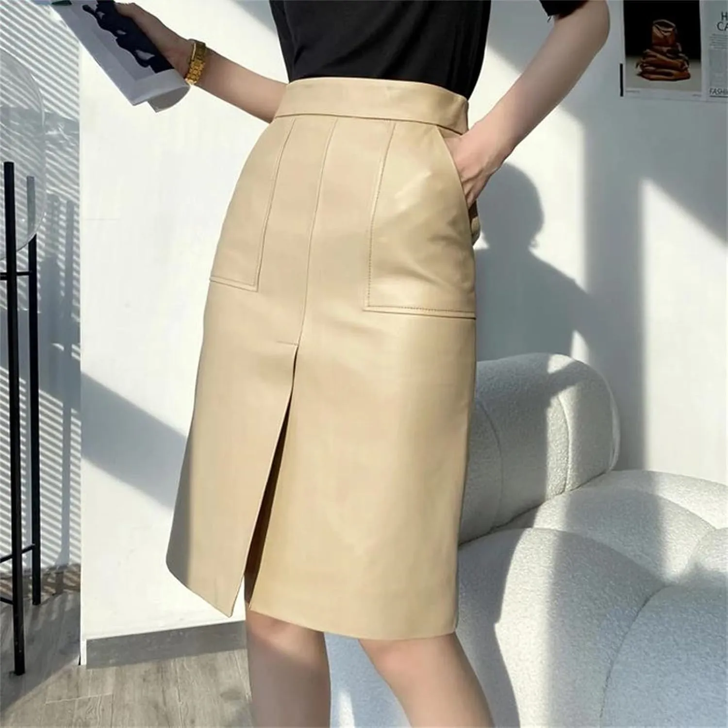 Womens Lambskin Midi Skirt Vertical Split Front Commuting Office Leather High Waist Wrap Spring Black