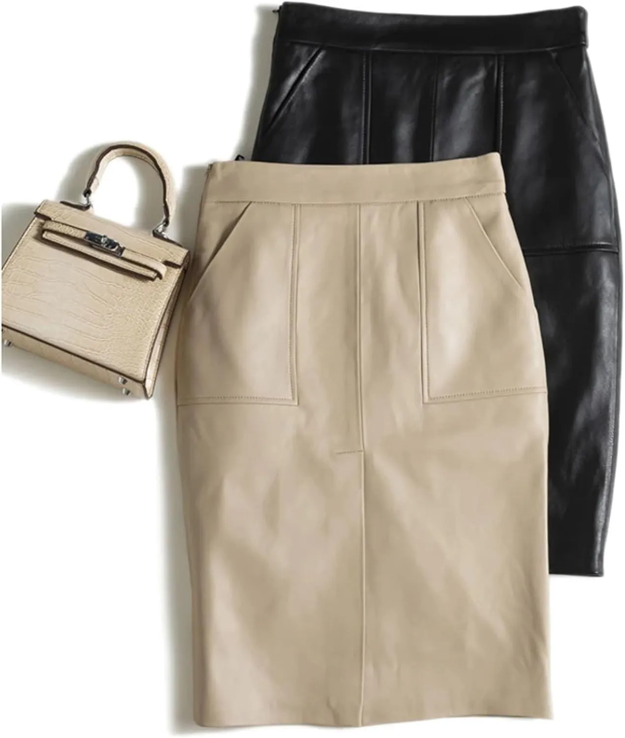 Womens Lambskin Midi Skirt Vertical Split Front Commuting Office Leather High Waist Wrap Spring Black