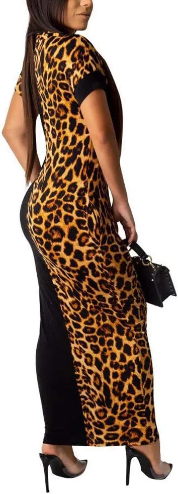Womens Leopard Print Long Dresses - Short Sleeve Bodycon Club Midi Dress with Pockets