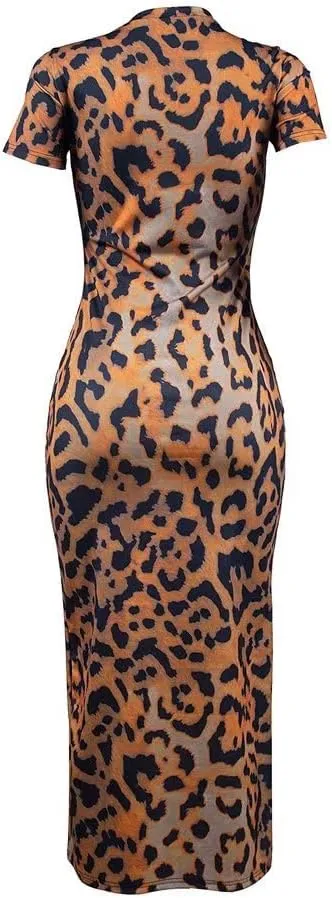 Womens Leopard Print Long Dresses - Short Sleeve Bodycon Club Midi Dress with Pockets