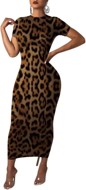 Womens Leopard Print Long Dresses - Short Sleeve Bodycon Club Midi Dress with Pockets