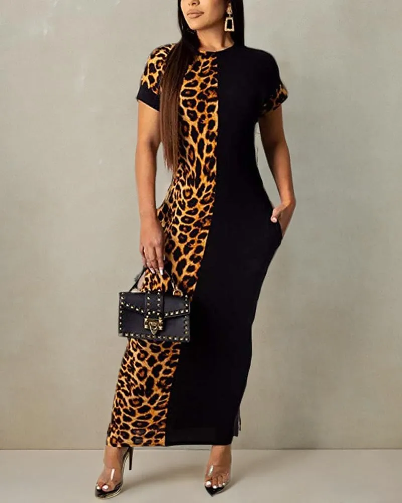 Womens Leopard Print Long Dresses - Short Sleeve Bodycon Club Midi Dress with Pockets