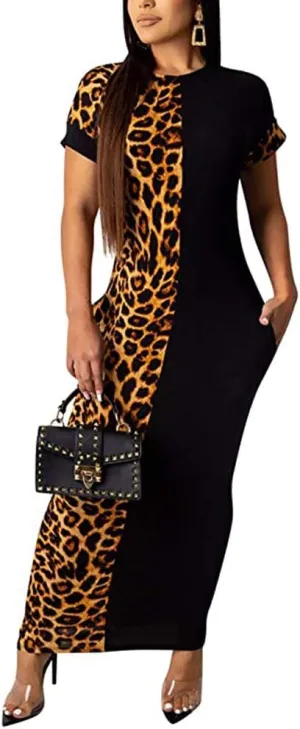 Womens Leopard Print Long Dresses - Short Sleeve Bodycon Club Midi Dress with Pockets