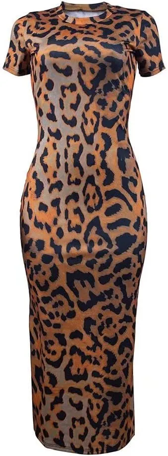 Womens Leopard Print Long Dresses - Short Sleeve Bodycon Club Midi Dress with Pockets