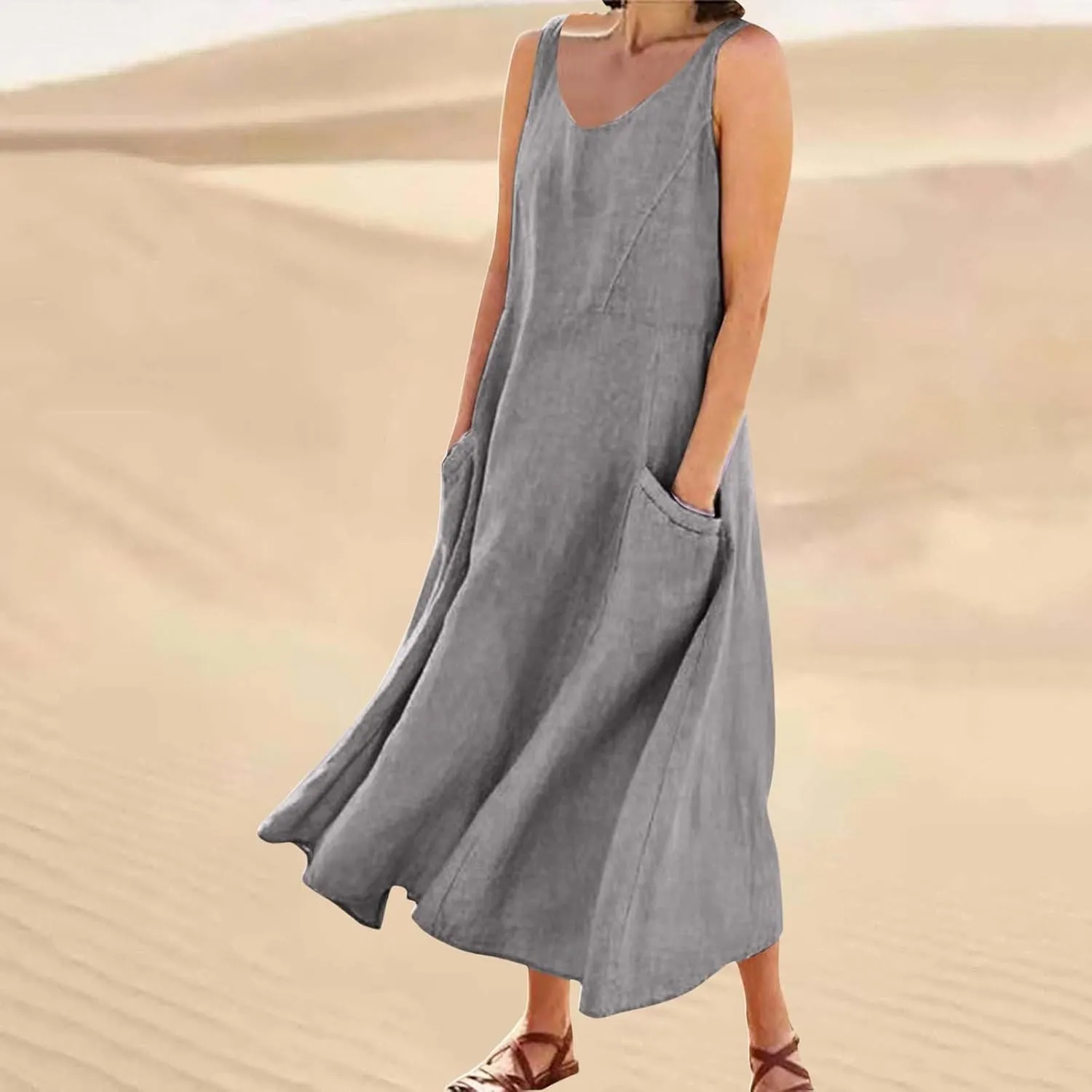 Womens Linen Dresses 2025 Boho Sleeveless Halter Dress Maxi Flowy Cute Plus Size Sundresses Dressy Casaul Vacation