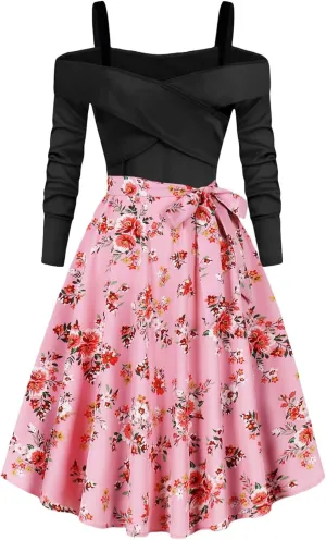 Womens Long Sleeve Floral Dress Sexy Elegant Off Shoulder Ruffle Pleated Causal Dress Funny Floral Print Fall Dresses
