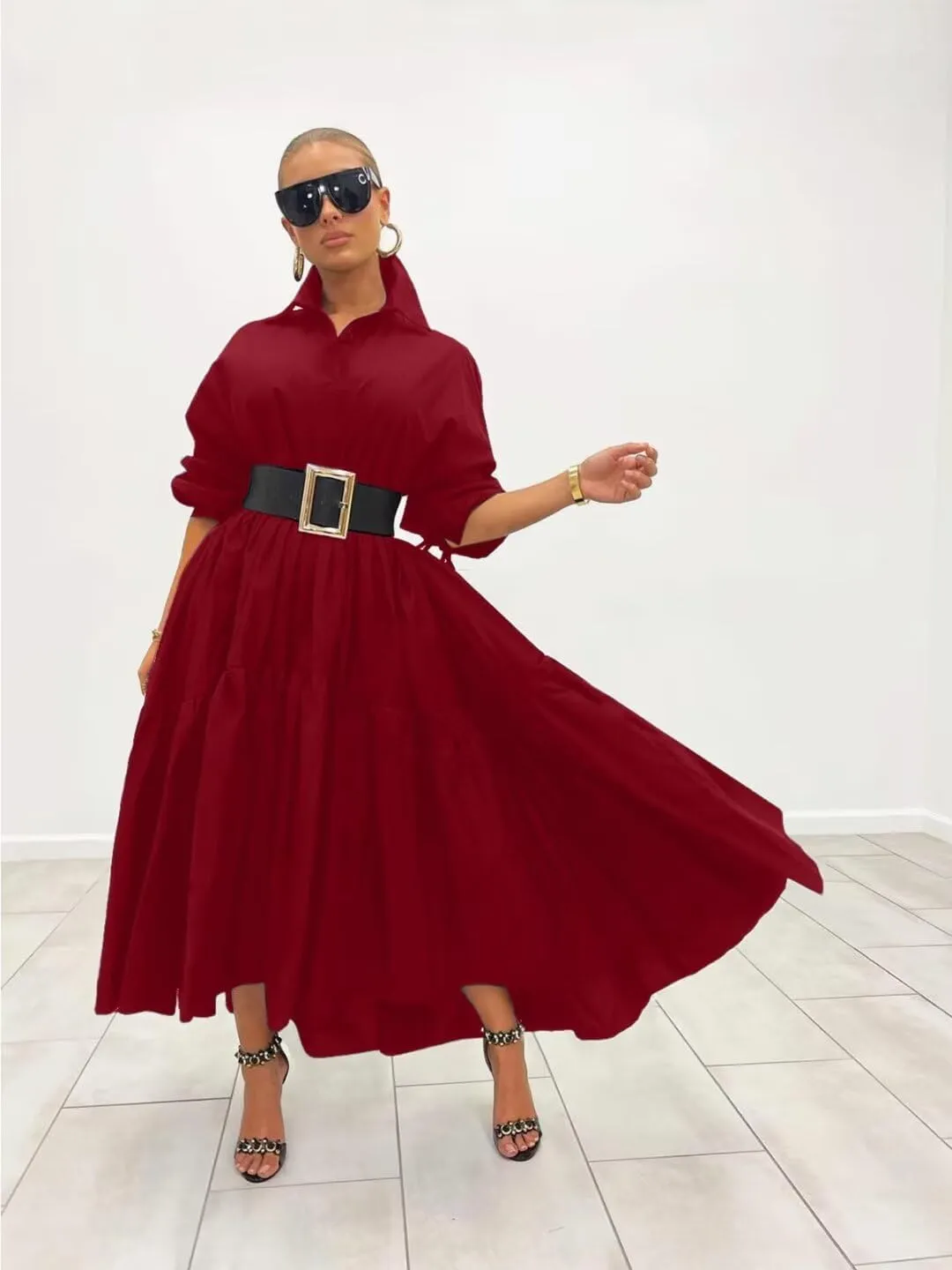Women's Long Sleeve Maxi Shirt Dress Elegant Button Down Loose Swing Party Dress