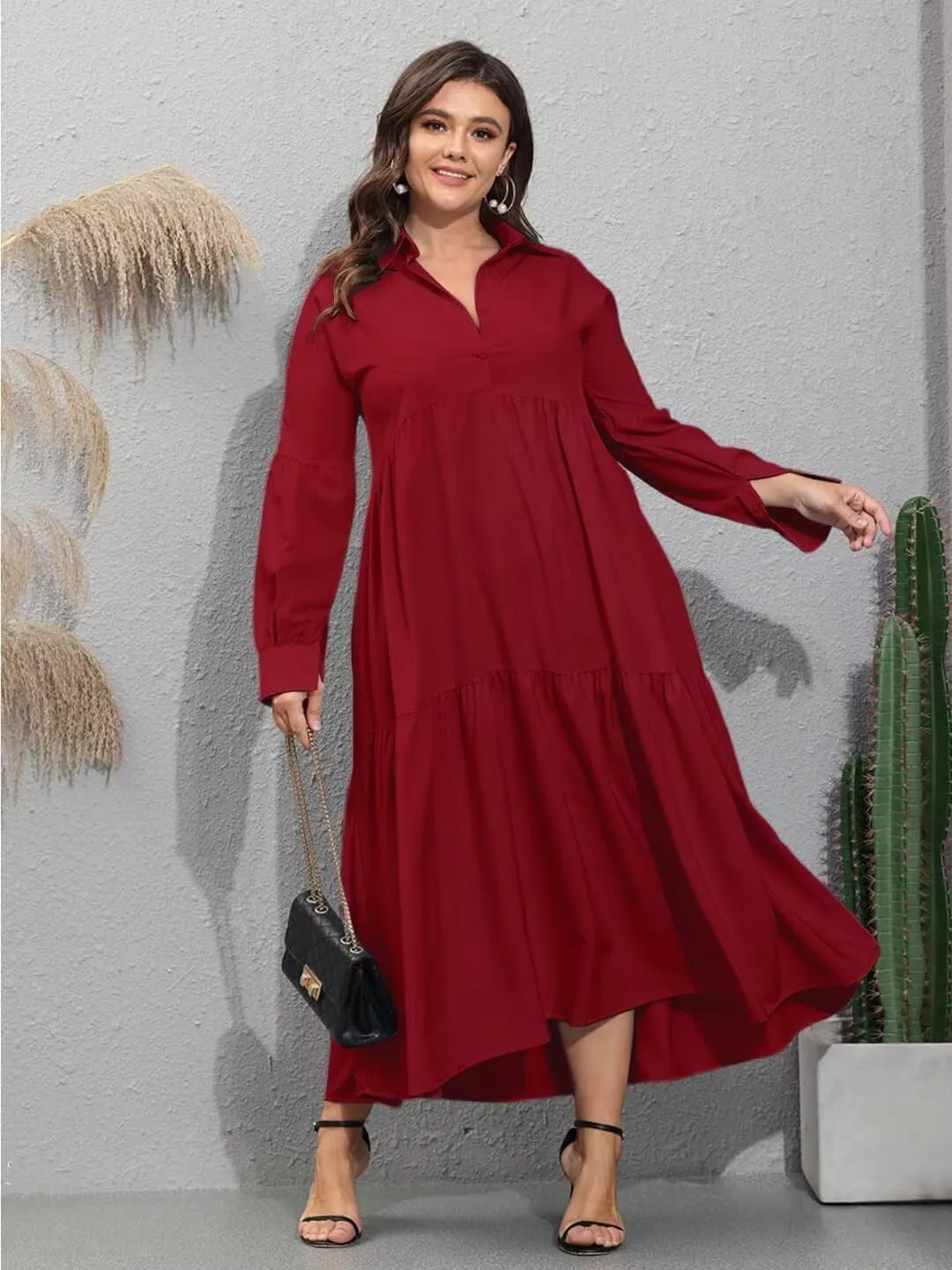 Women's Long Sleeve Maxi Shirt Dress Elegant Button Down Loose Swing Party Dress