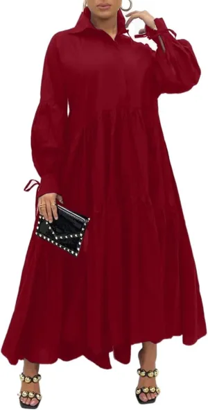 Women's Long Sleeve Maxi Shirt Dress Elegant Button Down Loose Swing Party Dress