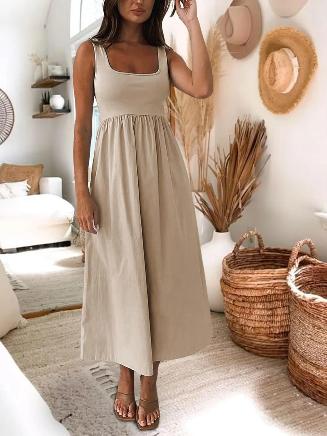 Women's Maxi Dress Summer Sleeveless Swing Sundress Casual Loose Tank Long Dresses with Pockets