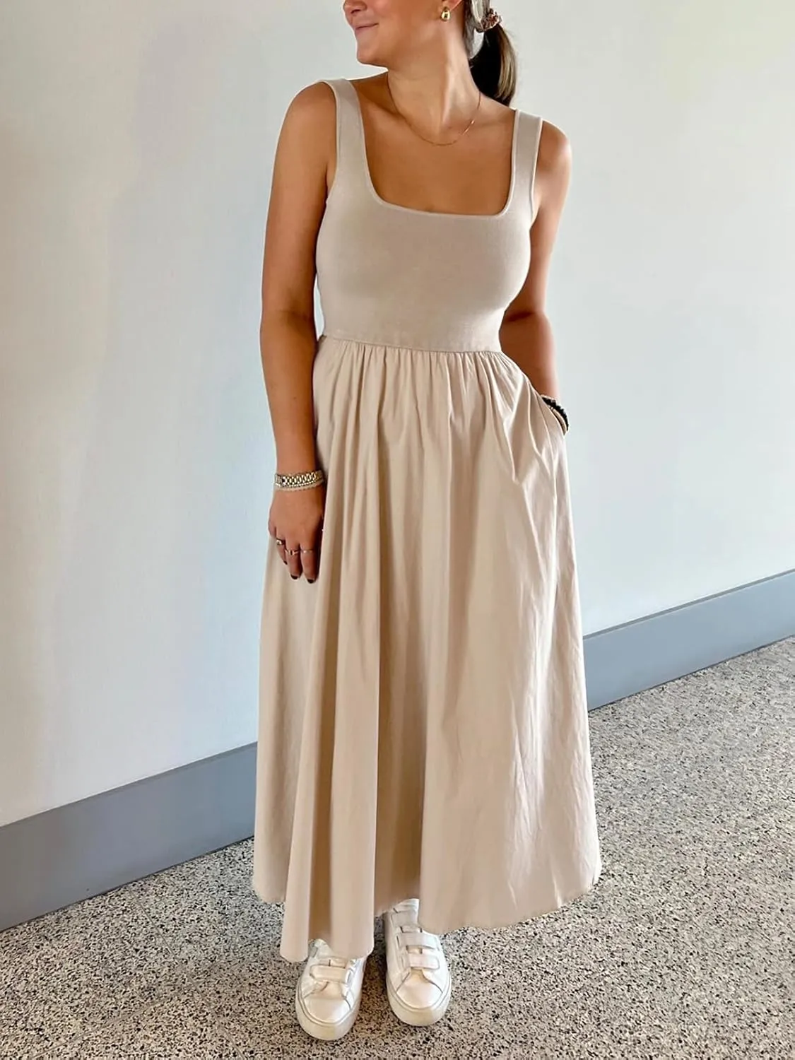 Women's Maxi Dress Summer Sleeveless Swing Sundress Casual Loose Tank Long Dresses with Pockets