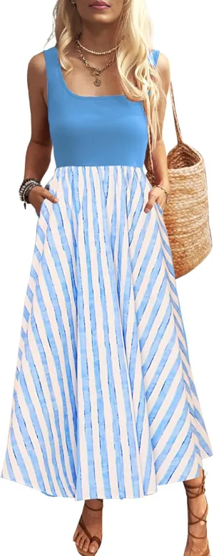 Women's Maxi Dress Summer Sleeveless Swing Sundress Casual Loose Tank Long Dresses with Pockets