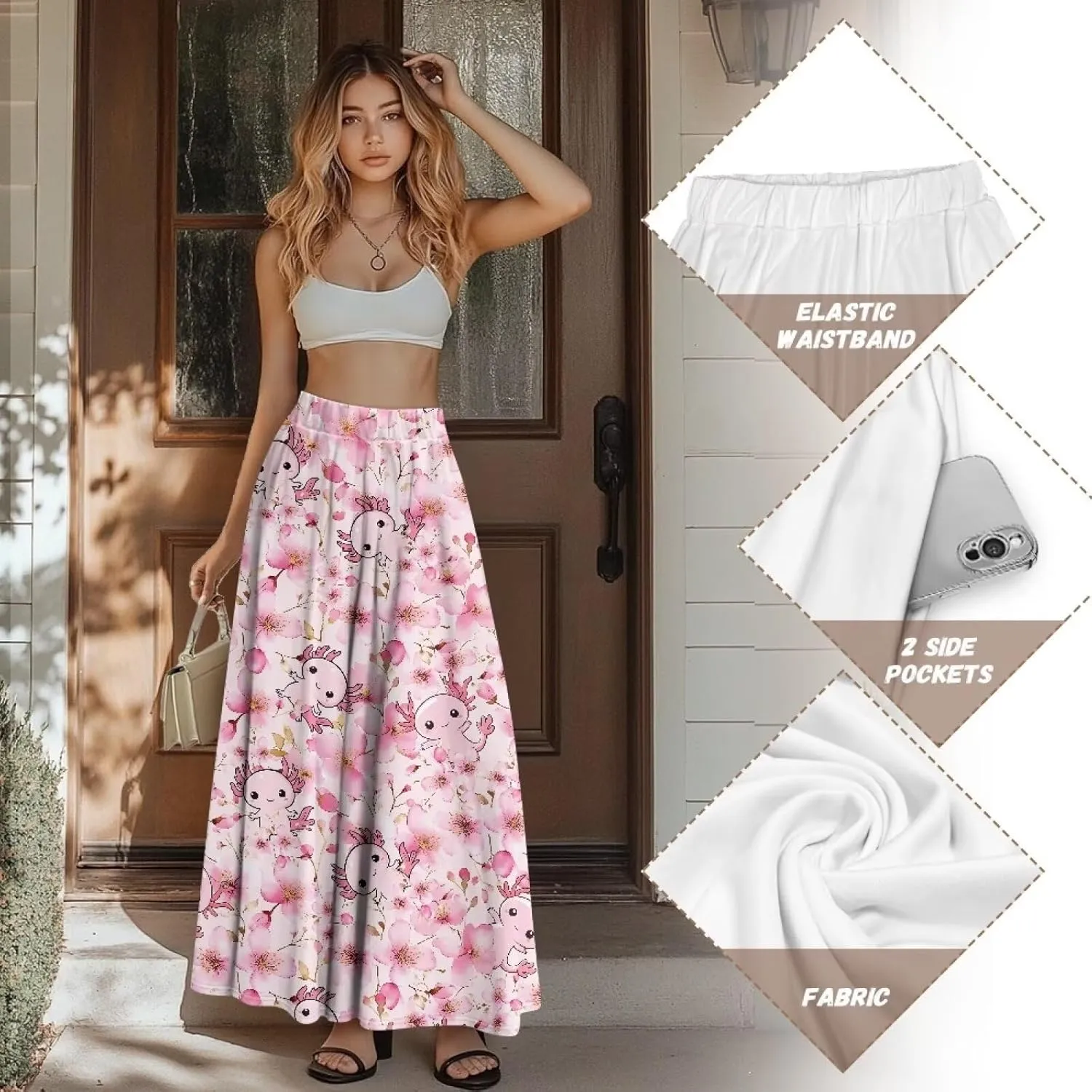 Womens Maxi Polyester Skirt Fall Wedding Dresses Winter Party Elegant High Waisted Skirts with Pockets