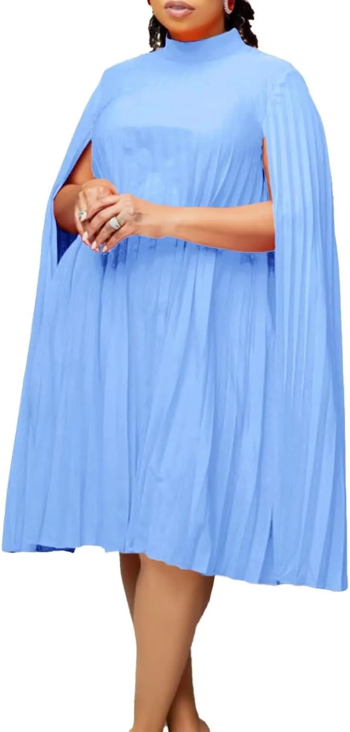 Women's Mock Neck Cloak Sleeve Pleated Keyhole Back Flowy Party Midi Dress Pleated Short Dress for Cocktail Party