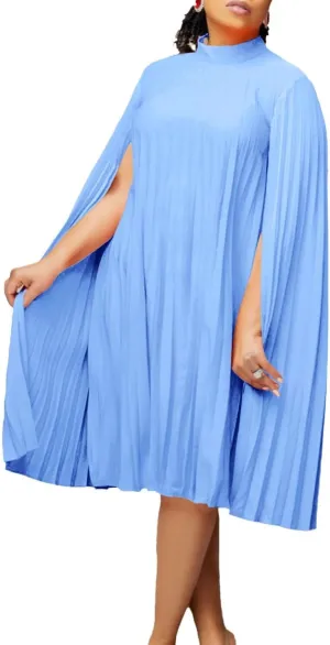 Women's Mock Neck Cloak Sleeve Pleated Keyhole Back Flowy Party Midi Dress Pleated Short Dress for Cocktail Party