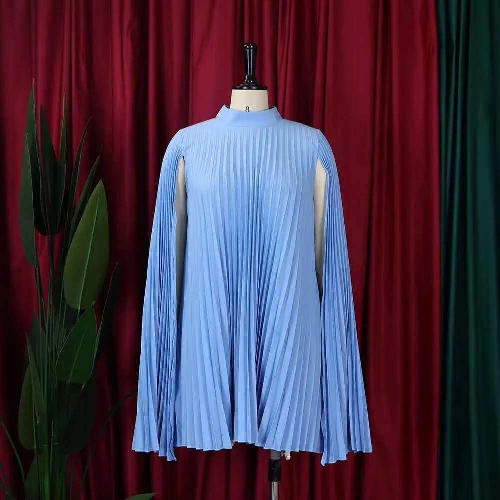 Women's Mock Neck Cloak Sleeve Pleated Keyhole Back Flowy Party Midi Dress Pleated Short Dress for Cocktail Party