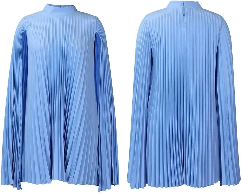 Women's Mock Neck Cloak Sleeve Pleated Keyhole Back Flowy Party Midi Dress Pleated Short Dress for Cocktail Party