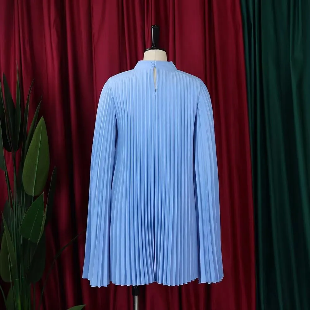 Women's Mock Neck Cloak Sleeve Pleated Keyhole Back Flowy Party Midi Dress Pleated Short Dress for Cocktail Party