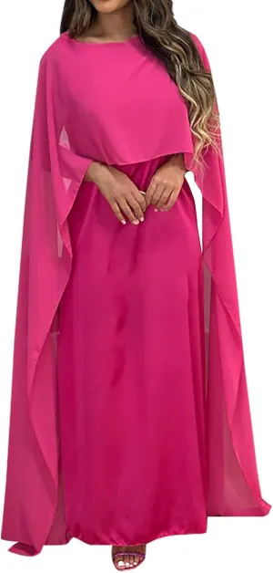 Women's Muslim Chiffon Dress Round Neck Loose Swing Middle Eastern Robe Maxi Long Dresses Fashion Bat Sleeves Dress