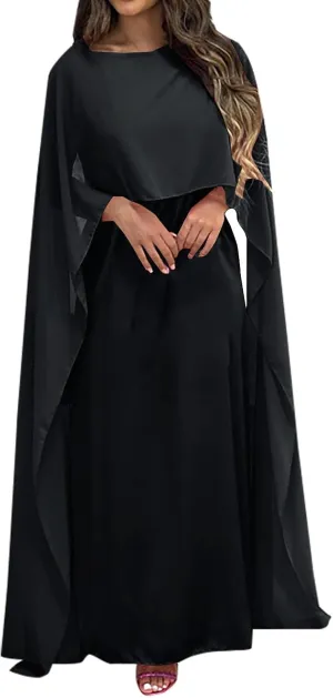 Women's Muslim Chiffon Dress Round Neck Loose Swing Middle Eastern Robe Maxi Long Dresses Fashion Bat Sleeves Dress