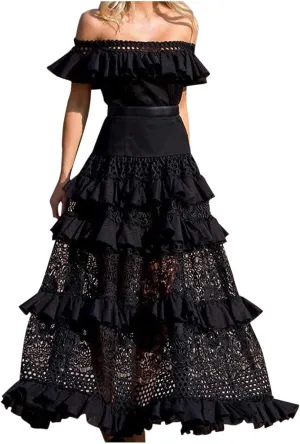 Women's Off Shoulder Ruffle Lace Maxi Dress Tiered A-Line Elegant Wedding Party Dresses for Women