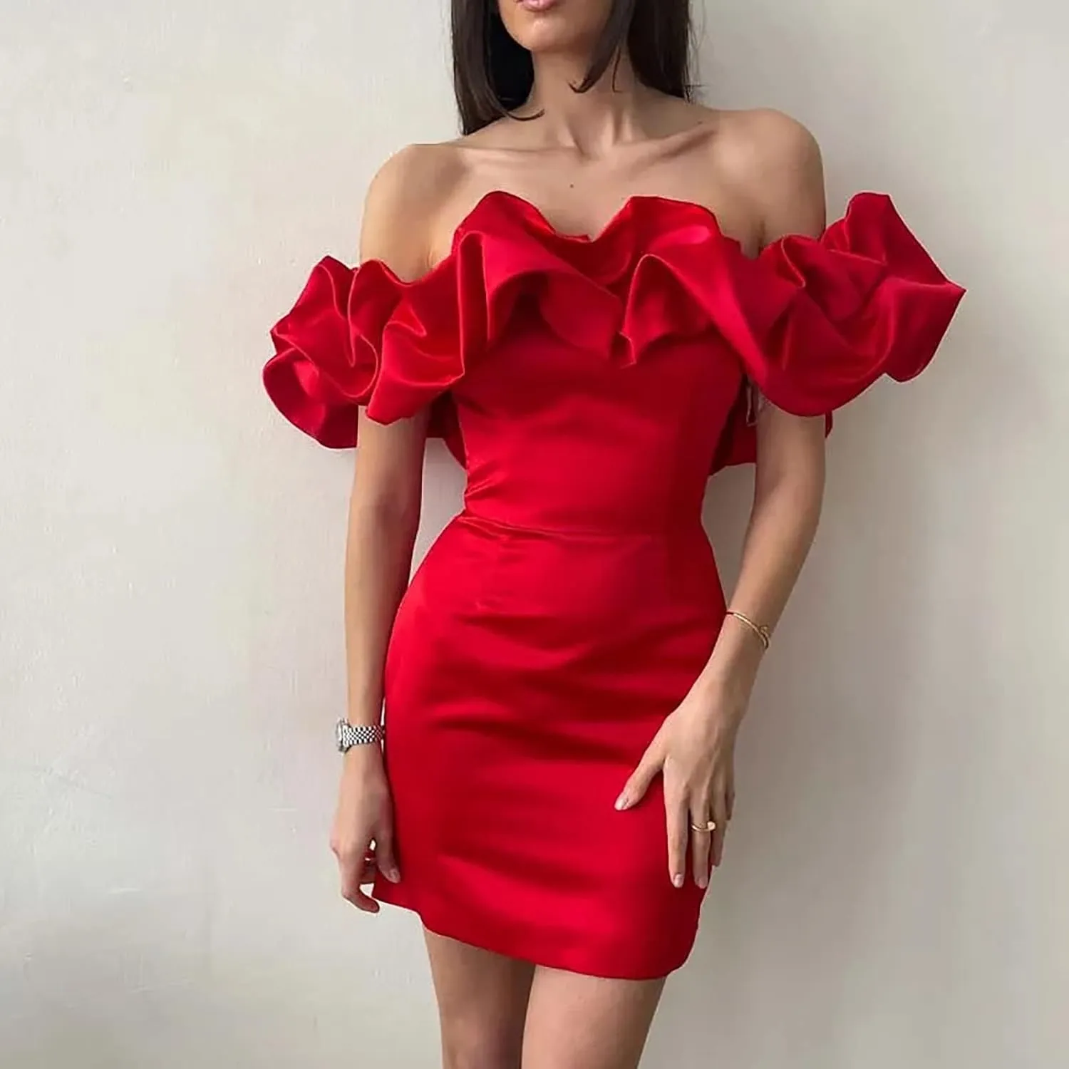 Womens Off Shoulder Strapless Mini Dress Ruffle Trim Ruched Sleeveless Bodycon Party Dressses Elegant Cocktail Dress