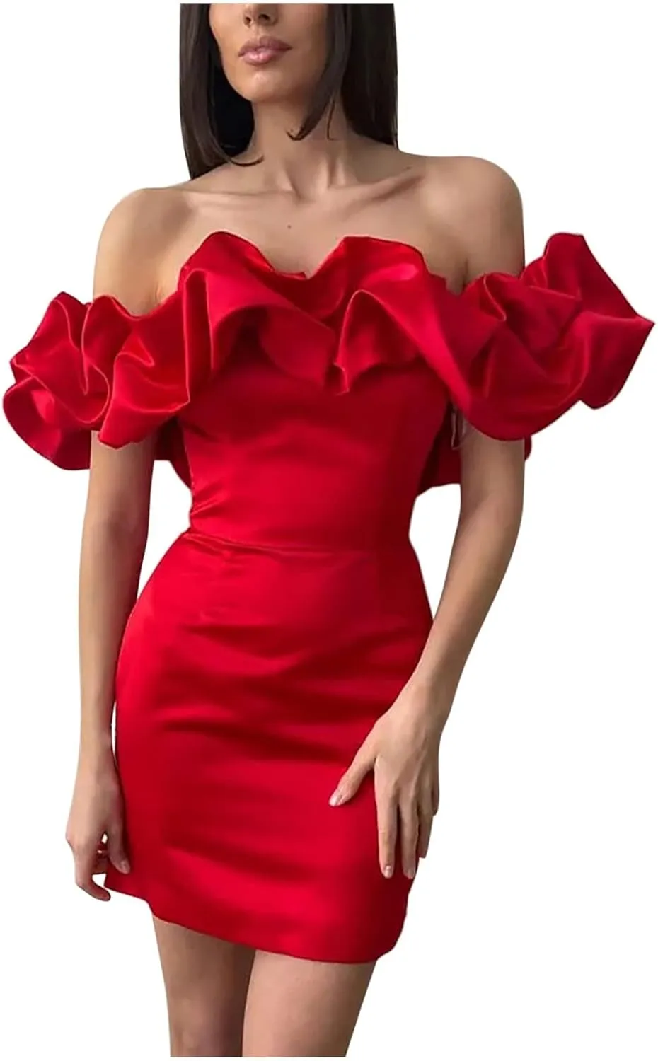 Womens Off Shoulder Strapless Mini Dress Ruffle Trim Ruched Sleeveless Bodycon Party Dressses Elegant Cocktail Dress