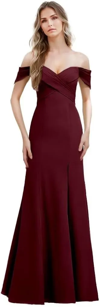 Women's Off The Shoulder Bridesmaid Dresses with Slit 2025 Chiffon Pleated Long Formal Party Dress for Junior