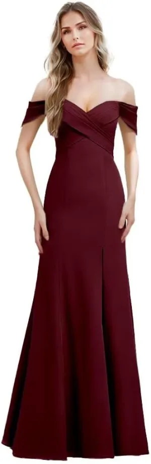 Women's Off The Shoulder Bridesmaid Dresses with Slit 2025 Chiffon Pleated Long Formal Party Dress for Junior
