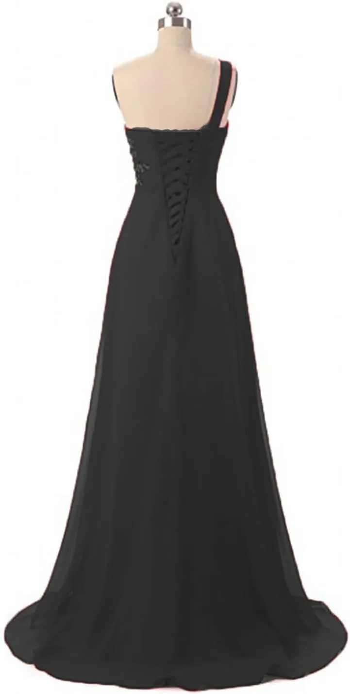 Women's One Shoulder Long Chiffon Prom Evening Dresses Beaded Elegant Classy Wedding Party Gowns