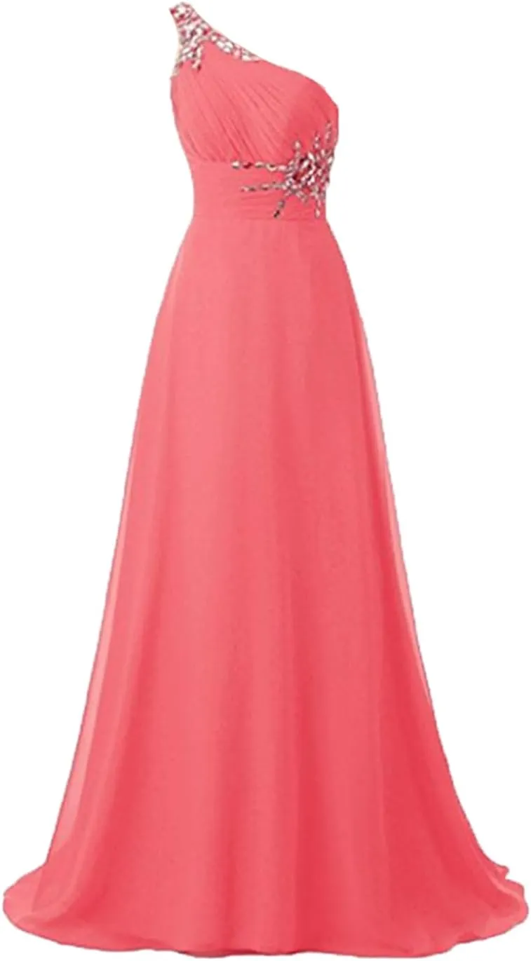 Women's One Shoulder Long Chiffon Prom Evening Dresses Beaded Elegant Classy Wedding Party Gowns