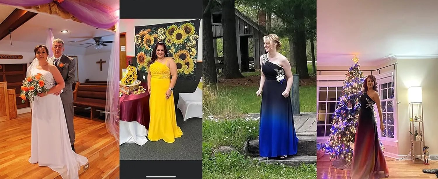 Women's One Shoulder Long Chiffon Prom Evening Dresses Beaded Elegant Classy Wedding Party Gowns