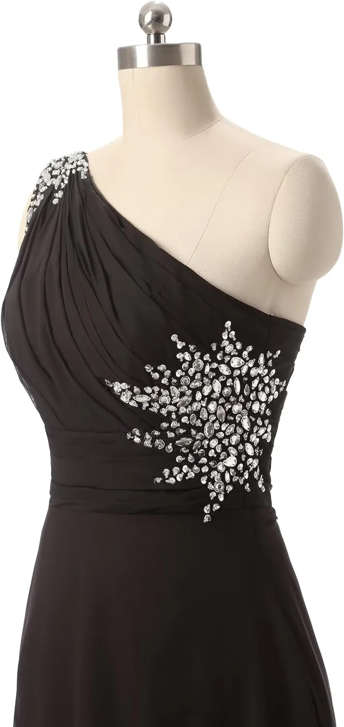 Women's One Shoulder Long Chiffon Prom Evening Dresses Beaded Elegant Classy Wedding Party Gowns