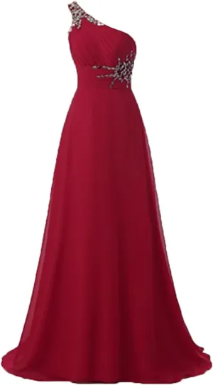 Women's One Shoulder Long Chiffon Prom Evening Dresses Beaded Elegant Classy Wedding Party Gowns