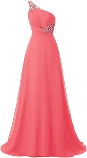 Women's One Shoulder Long Chiffon Prom Evening Dresses Beaded Elegant Classy Wedding Party Gowns