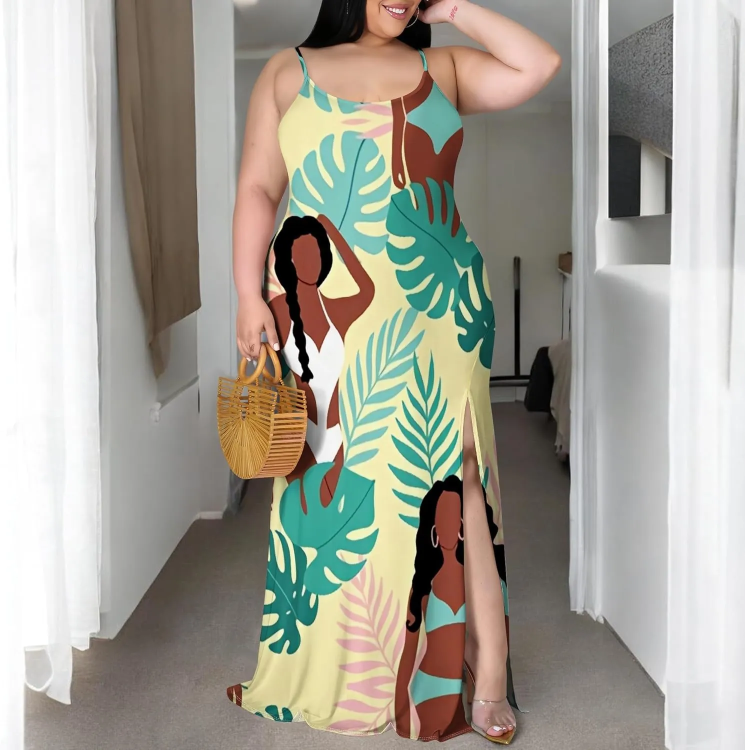 Womens Plus Size African Print Maxi Dress Summer Casual Sleeveless Sundress Sexy Spaghetti Strap Side Split Long Beach Dress