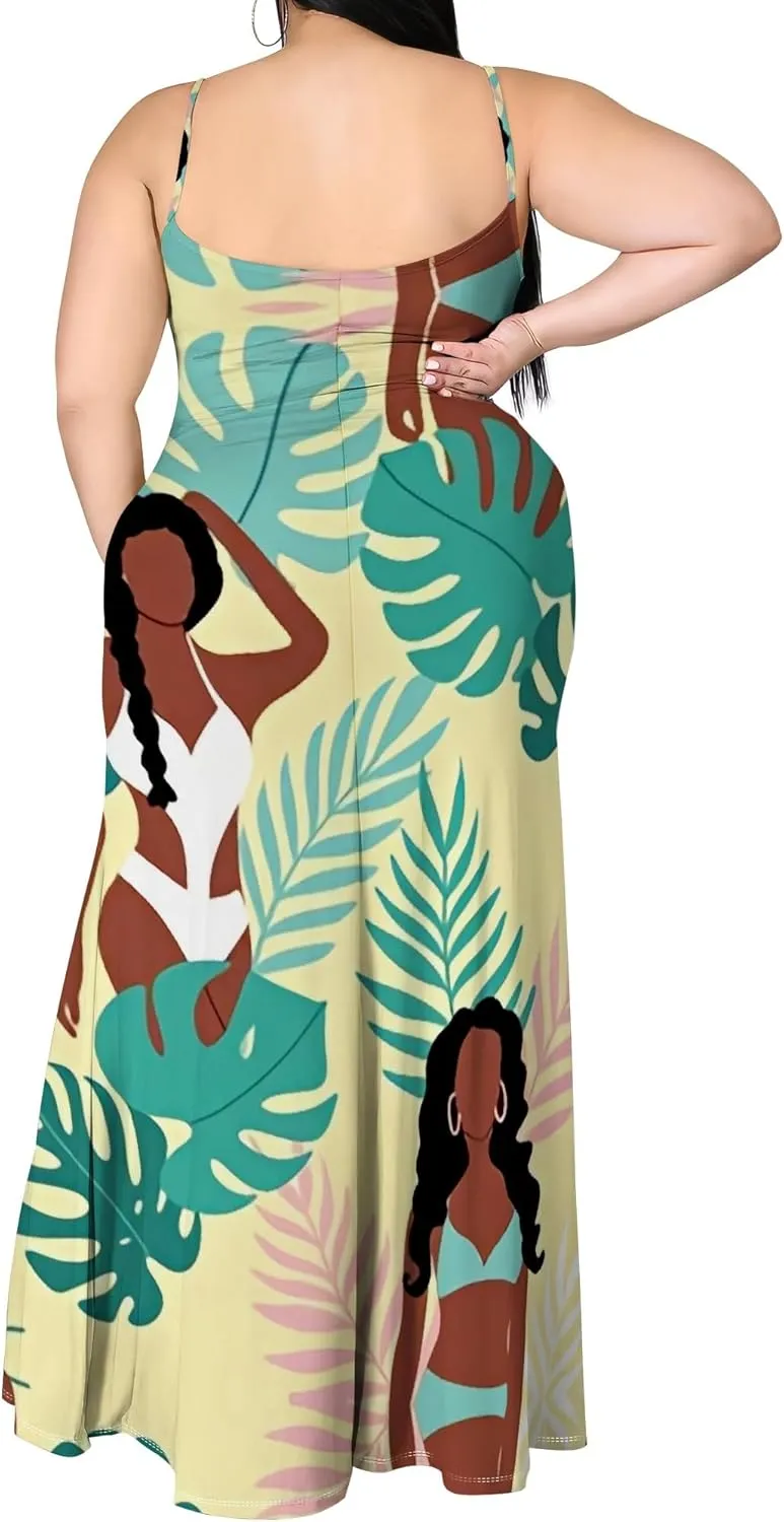 Womens Plus Size African Print Maxi Dress Summer Casual Sleeveless Sundress Sexy Spaghetti Strap Side Split Long Beach Dress