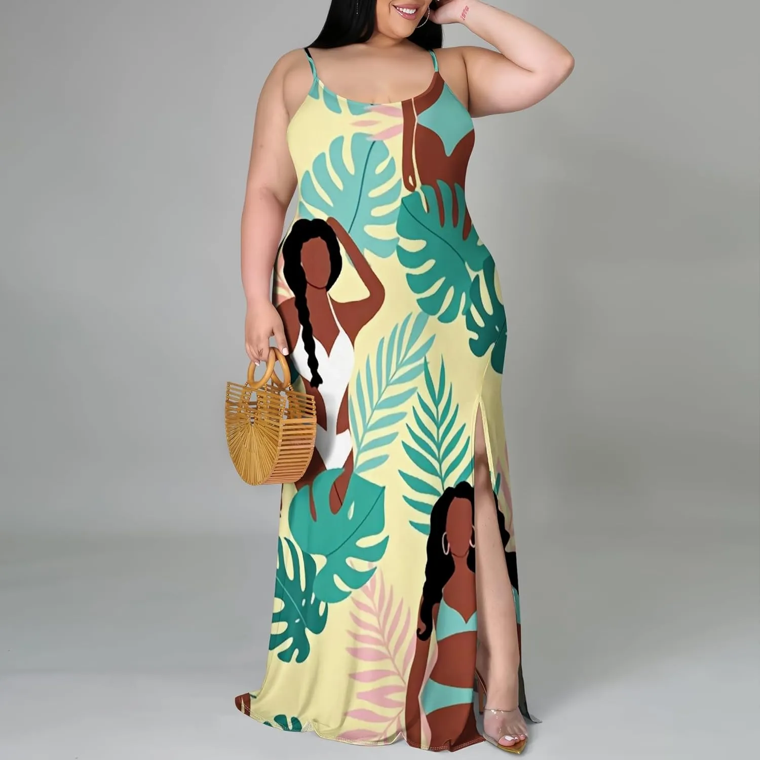 Womens Plus Size African Print Maxi Dress Summer Casual Sleeveless Sundress Sexy Spaghetti Strap Side Split Long Beach Dress