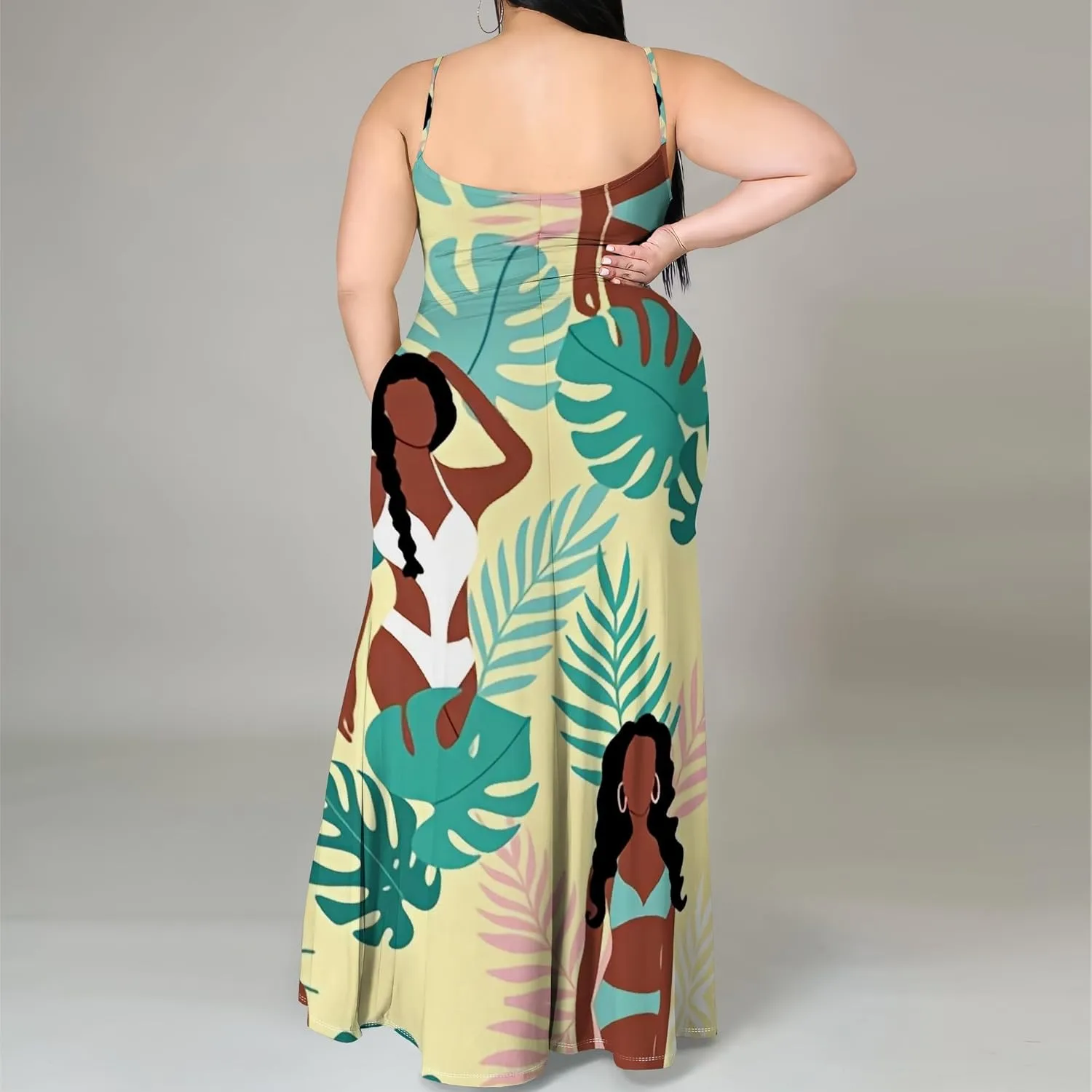 Womens Plus Size African Print Maxi Dress Summer Casual Sleeveless Sundress Sexy Spaghetti Strap Side Split Long Beach Dress