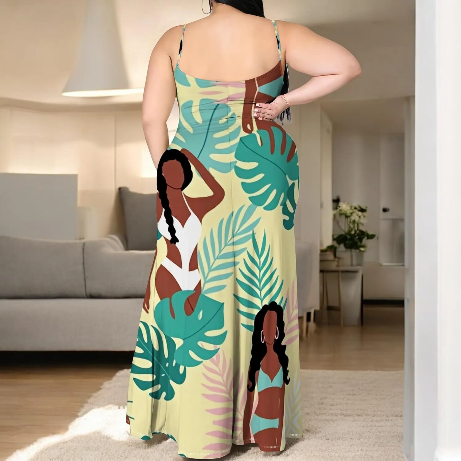 Womens Plus Size African Print Maxi Dress Summer Casual Sleeveless Sundress Sexy Spaghetti Strap Side Split Long Beach Dress